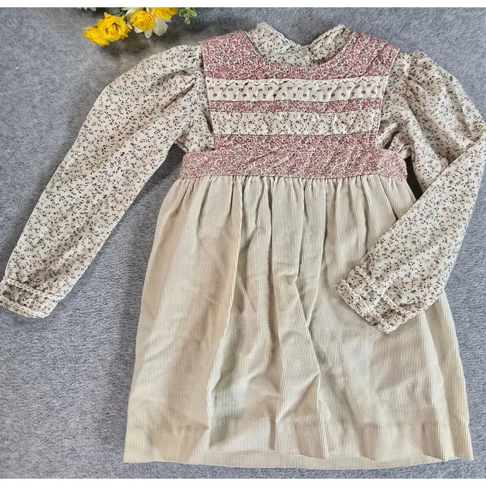 Vintage Ruth Scharf Dress Girls 6 Beige Floral Corduroy Quilted Prairie Set Fall
